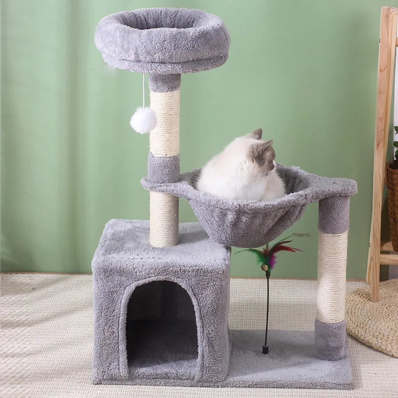 Arbre à chat compact avec hamac suspendu et plateforme rembourrée