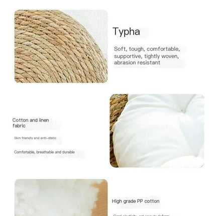 Panier rond tressé avec coussin blanc cassé et détails décoratifs