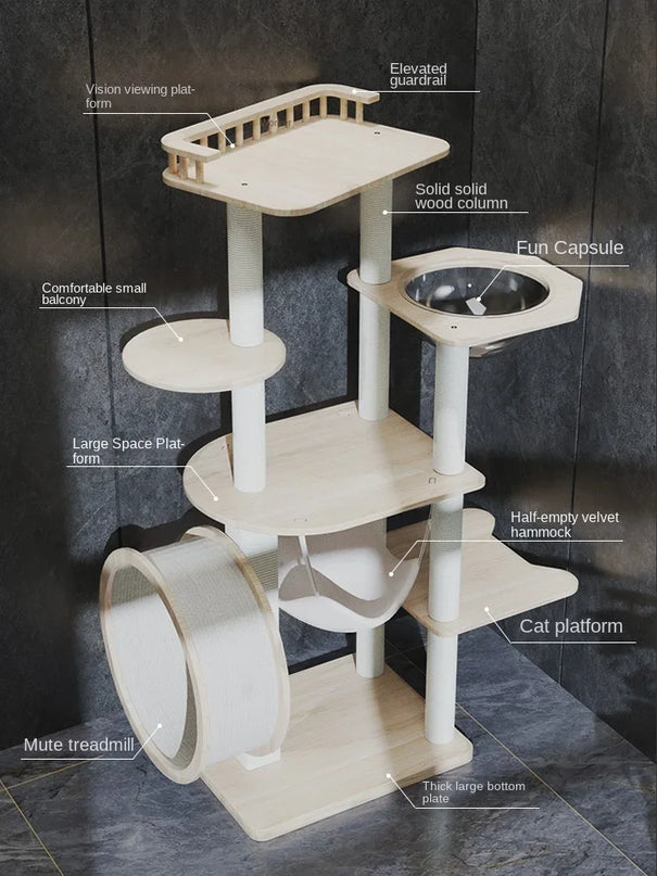 Arbre à chat multifonction avec plateforme, roue et hamac central