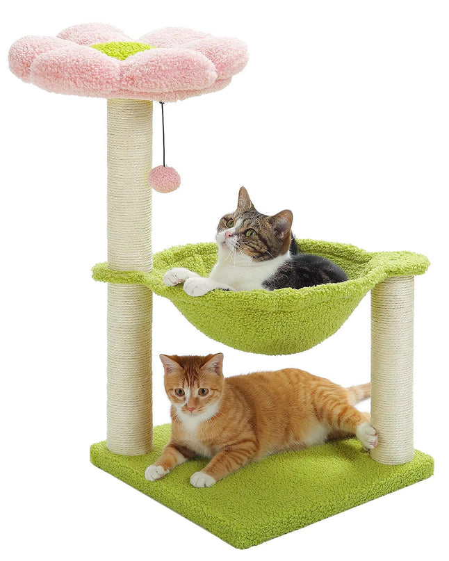 Arbre à Chat 3 Niveaux avec Hamac Vert et Plateforme Fleur Rose