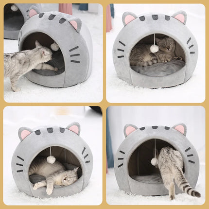 Abri Douillet pour Chat en Forme de Tête Féline avec Balle Suspendue