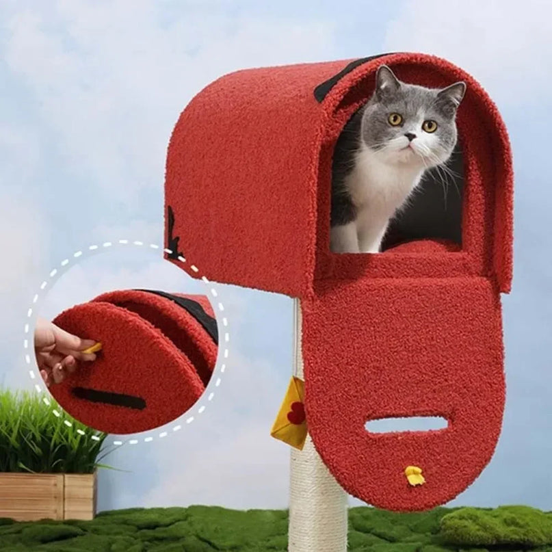 Arbre à Chat Créatif Boîte aux Lettres Rouge avec Griffoir & Jouet Suspendu