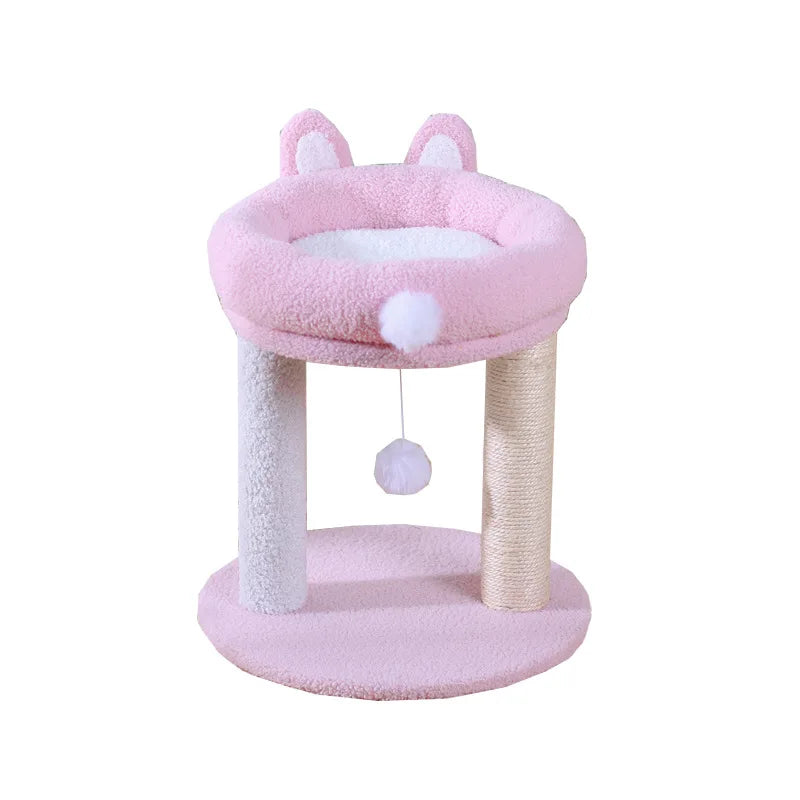 Petit arbre à chat rose avec panier ludique et griffoir en corde