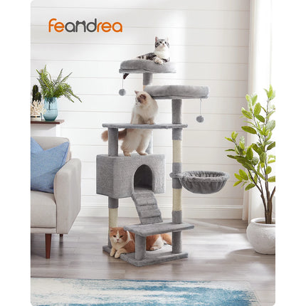 Arbre à chat multifonction 142 cm avec plateformes, niches et panière suspendue