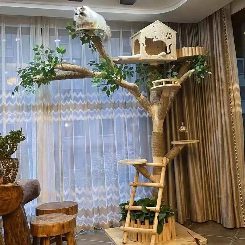 Arbre à Chat Rustique avec Maison Perchée et Détails Végétaux