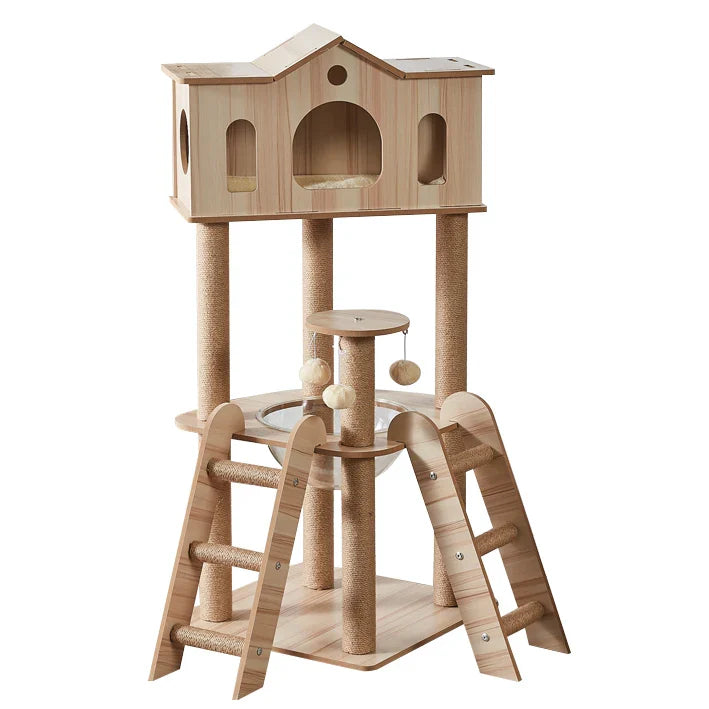 Arbre à chat moderne avec maison en hauteur et rampes