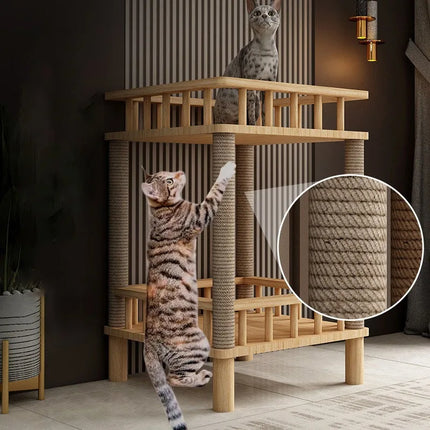 Arbre à Chat Minimaliste à Deux Niveaux avec Poteaux Sisal