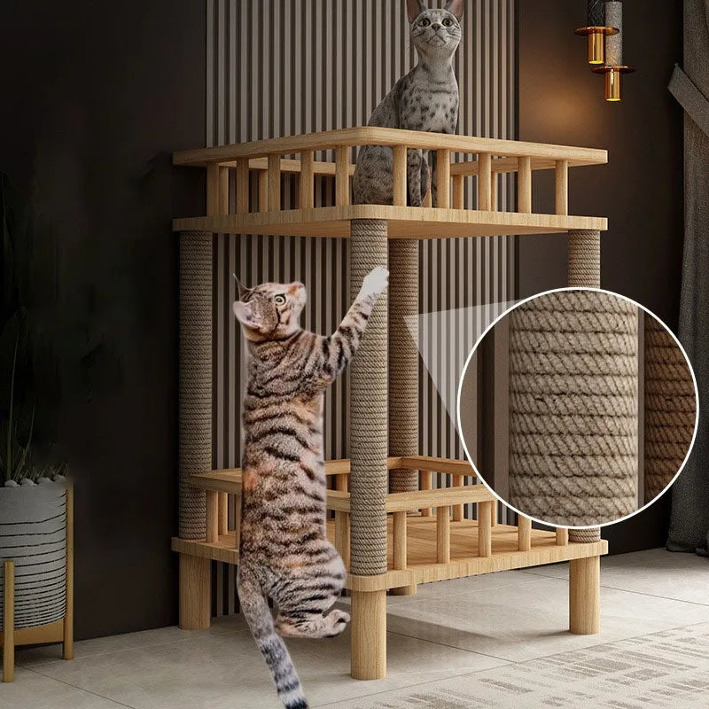Arbre à Chat Minimaliste à Deux Niveaux avec Poteaux Sisal