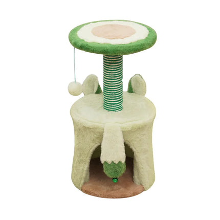 Arbre à chat compact ludique vert avec plateforme feuille et accessoires suspendus