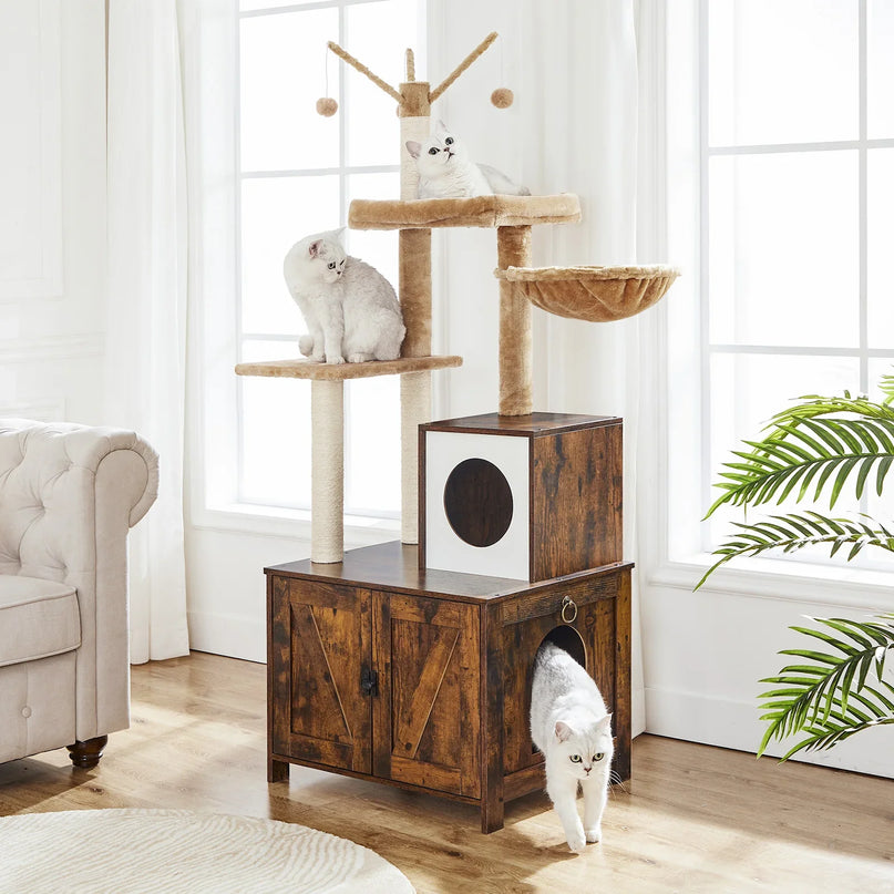 Arbre à Chat Rustique avec Rangement et Hamac Suspendu