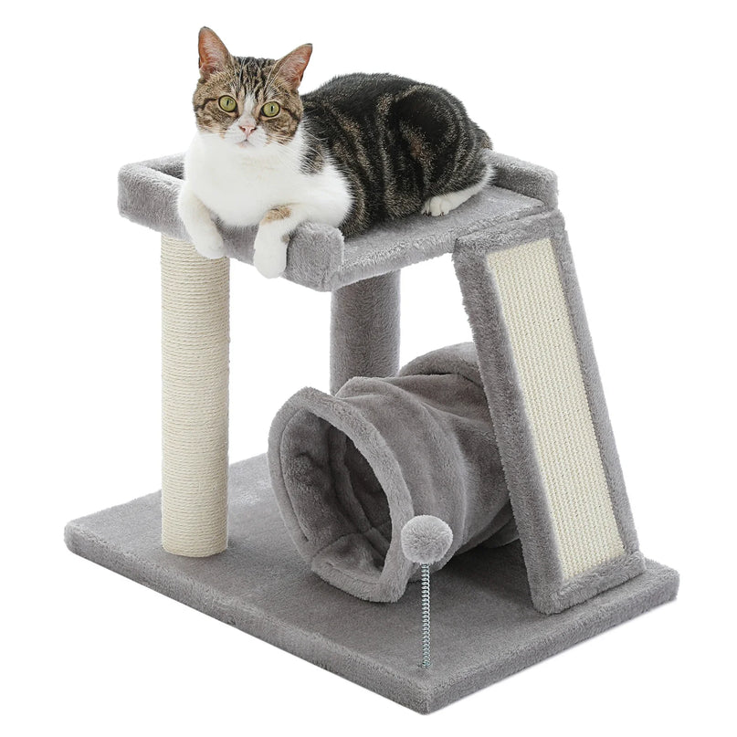 Arbre à Chat Gris avec Plateforme, Tunnel et Griffoir