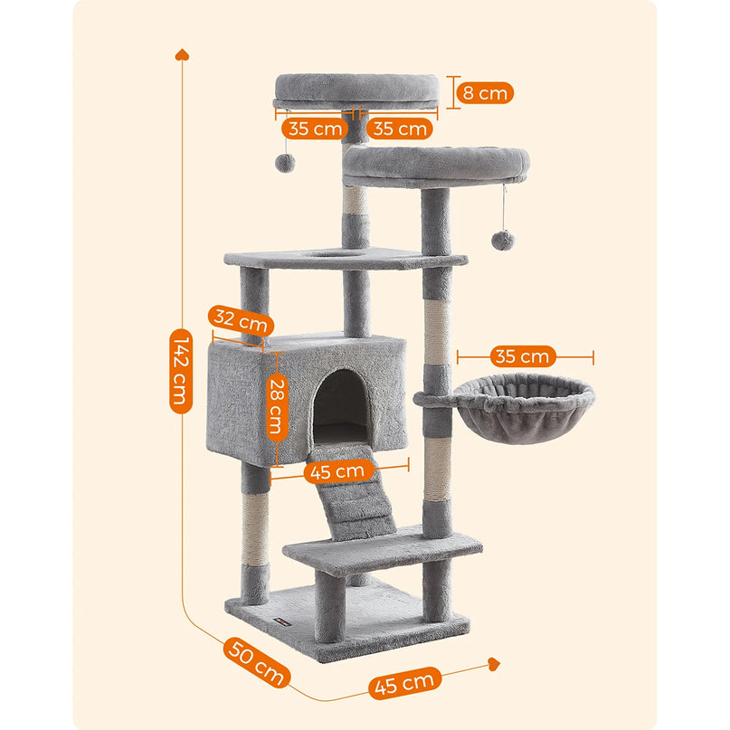 Arbre à chat multifonction 142 cm avec plateformes, niches et panière suspendue