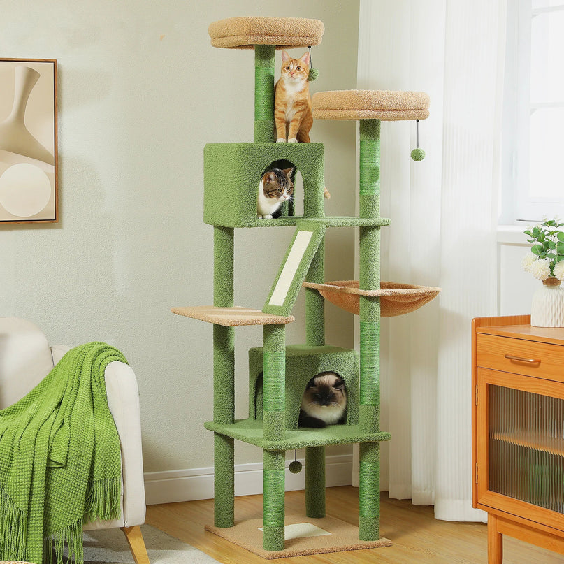 Arbre à Chat Multi-Niveaux Vert et Rose Pastel avec Jouets Suspendus