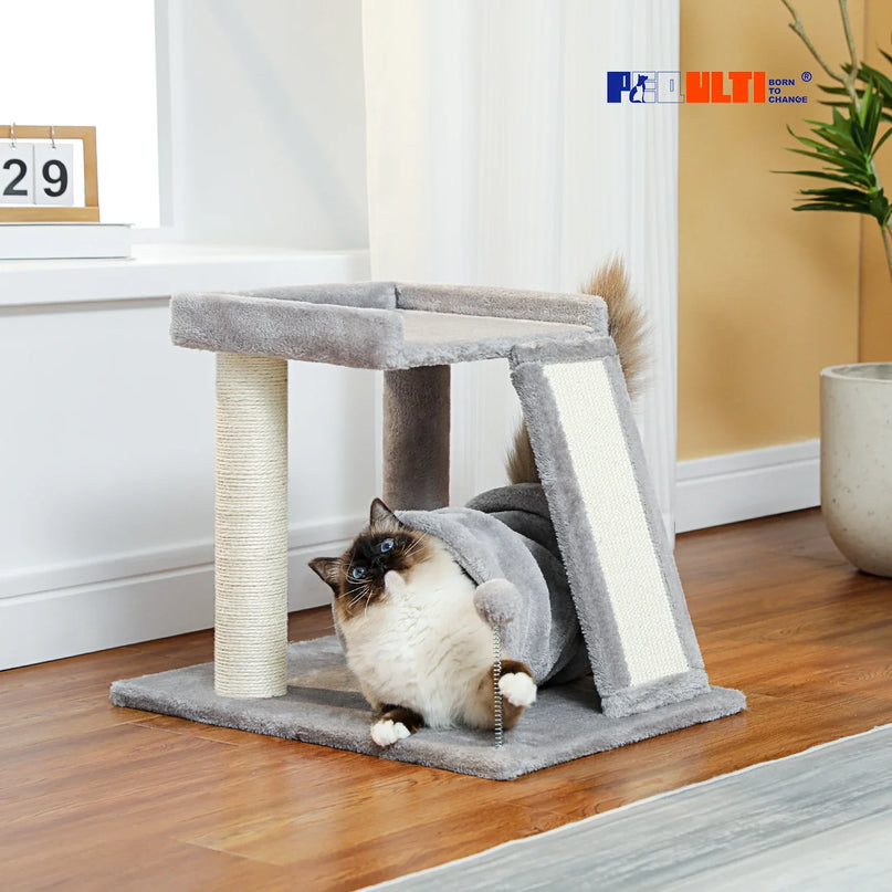 Arbre à Chat Gris avec Plateforme, Tunnel et Griffoir