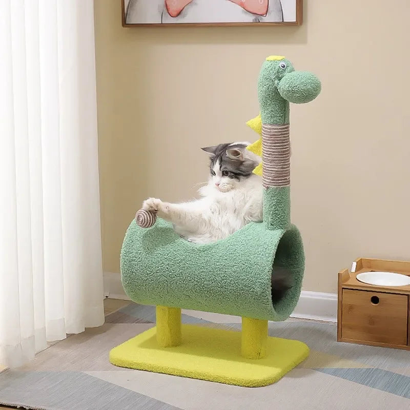 Arbre à Chat Ludique en Forme de Dinosaure avec Tunnel et Jouet Suspendu