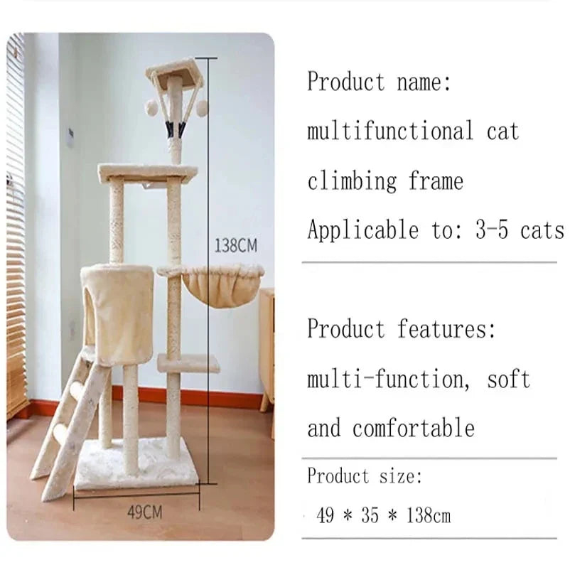 Grand arbre à chat interactif avec niche, hamac et jouets suspendus