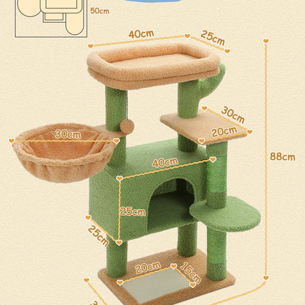 Arbre à Chat Vert et Beige avec Niche et Hamac