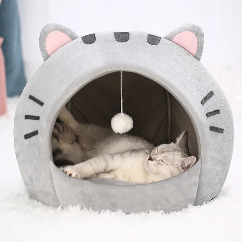 Abri Douillet pour Chat en Forme de Tête Féline avec Balle Suspendue