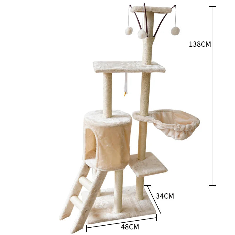 Grand arbre à chat interactif avec niche, hamac et jouets suspendus