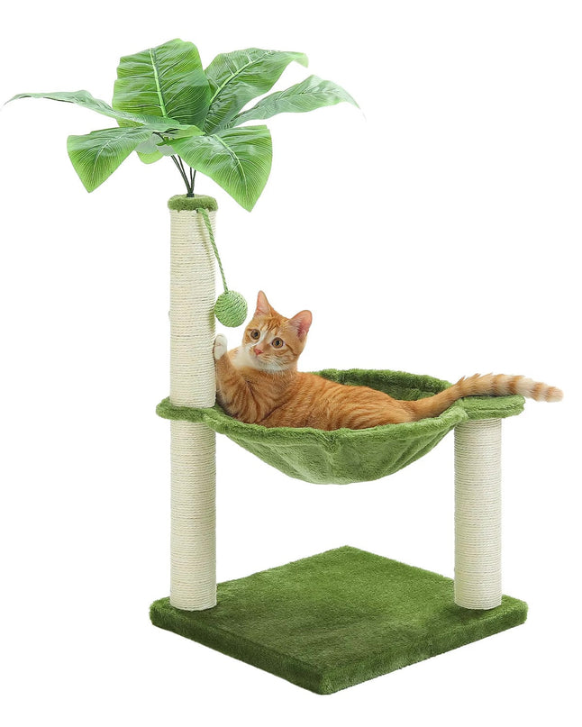 Arbre à Chat 3 Niveaux avec Hamac Vert et Plateforme Fleur Rose