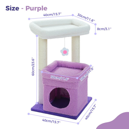 Arbre à Chat 2 Niveaux avec Niche Violette et Jouet Suspendu