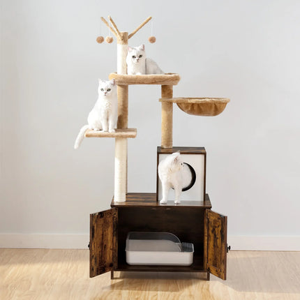 Arbre à Chat Rustique avec Rangement et Hamac Suspendu