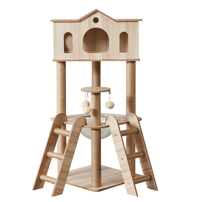 Arbre à chat moderne avec maison en hauteur et rampes