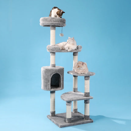 Arbre à Chat Multifonction Gris avec Plateformes et Cube de Repos