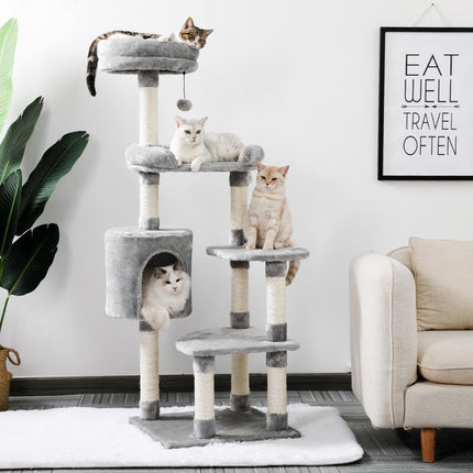 Arbre à Chat Multifonction Gris avec Plateformes et Cube de Repos