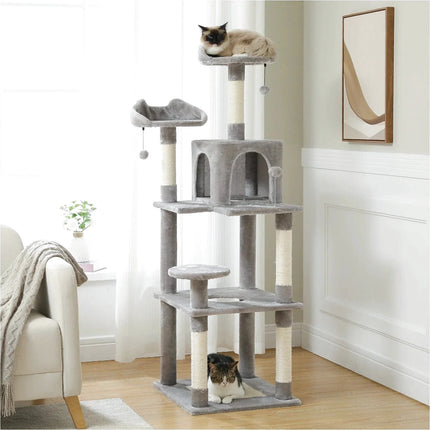 Aire de Jeu Grise Multi-Niveaux pour Chats avec Niche et Jouets Suspendus
