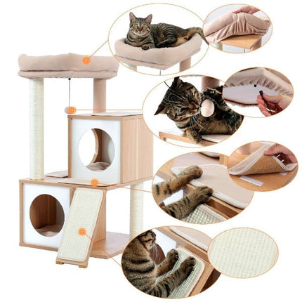 Arbre à Chat Compact en Bois Naturel avec Espaces Multifonctions