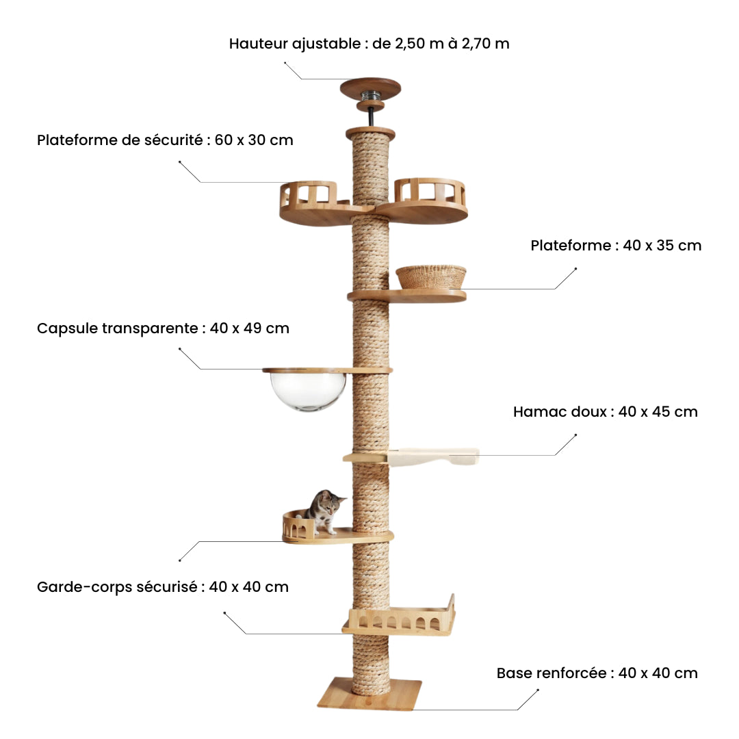 Arbre à chat en bois XXL de 6 niveaux avec hauteur ajustable de 2,50 m à 2,70 m. Équipé d'une capsule transparente de 40 x 49 cm, d’un hamac doux 40 x 45 cm, de plateformes spacieuses 40 x 35 cm, d’un garde-corps sécurisé 40 x 40 cm, et d'une base renforcée 40 x 40 cm pour une stabilité optimale. Design moderne et robuste, idéal pour chats actifs cherchant confort, jeu et observation en hauteur.