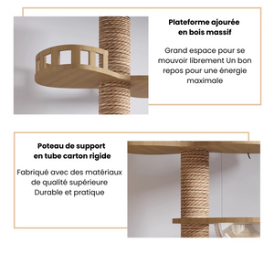 Arbre à chat en bois XXL avec plateforme ajourée en bois massif offrant un grand espace de repos et de mouvement. Équipé d’un poteau de support en tube carton rigide, durable et pratique, fabriqué avec des matériaux de qualité supérieure pour une stabilité optimale.