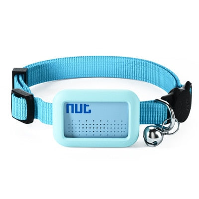 Collier ajustable bleu avec clochette et étiquette translucide