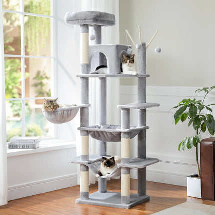 Arbre à chat haut multi-niveaux avec niches et hamacs intégrés