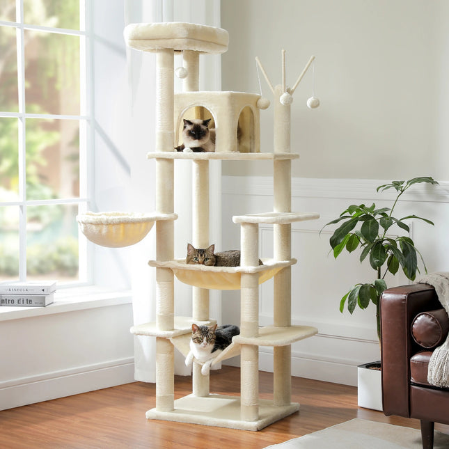 Arbre à chat haut multi-niveaux avec niches et hamacs intégrés