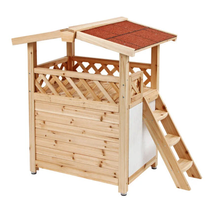Maisonnette en Bois Élevée pour Chat avec Escalier et Toit Incliné