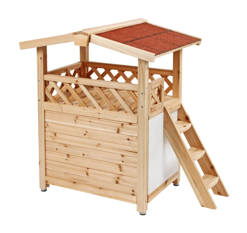 Maisonnette en Bois Élevée pour Chat avec Escalier et Toit Incliné