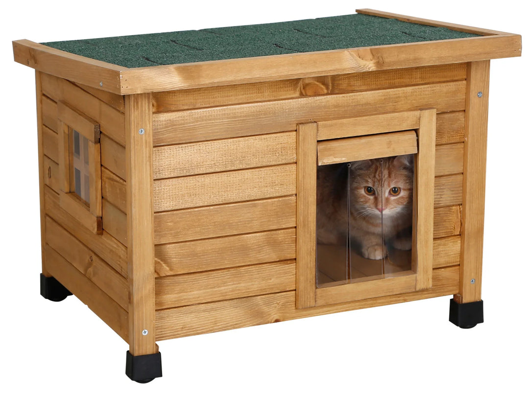 Petite maison en bois rustique pour chat avec fenêtre et toit isolé