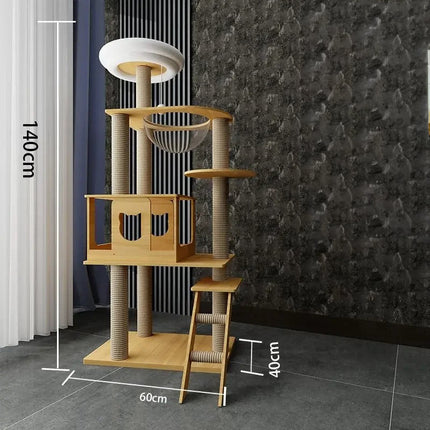 Arbre à chat moderne à plusieurs niveaux avec bols suspendus