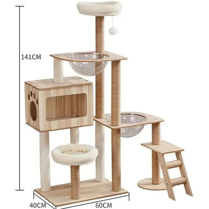 Arbre à chat moderne à plusieurs niveaux avec bols suspendus