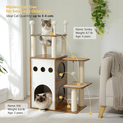 Arbre à Chat Minimaliste avec Plateforme en Verre et Modules Ludiques