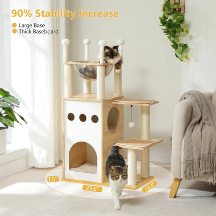 Arbre à Chat Minimaliste avec Plateforme en Verre et Modules Ludiques