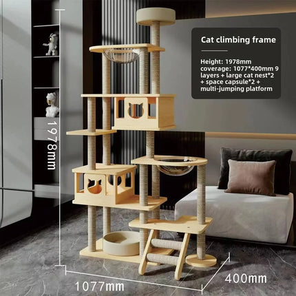Arbre à chat moderne à plusieurs niveaux avec bols suspendus