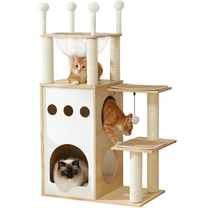 Arbre à Chat Minimaliste avec Plateforme en Verre et Modules Ludiques