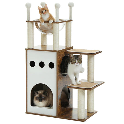Arbre à Chat Minimaliste avec Plateforme en Verre et Modules Ludiques