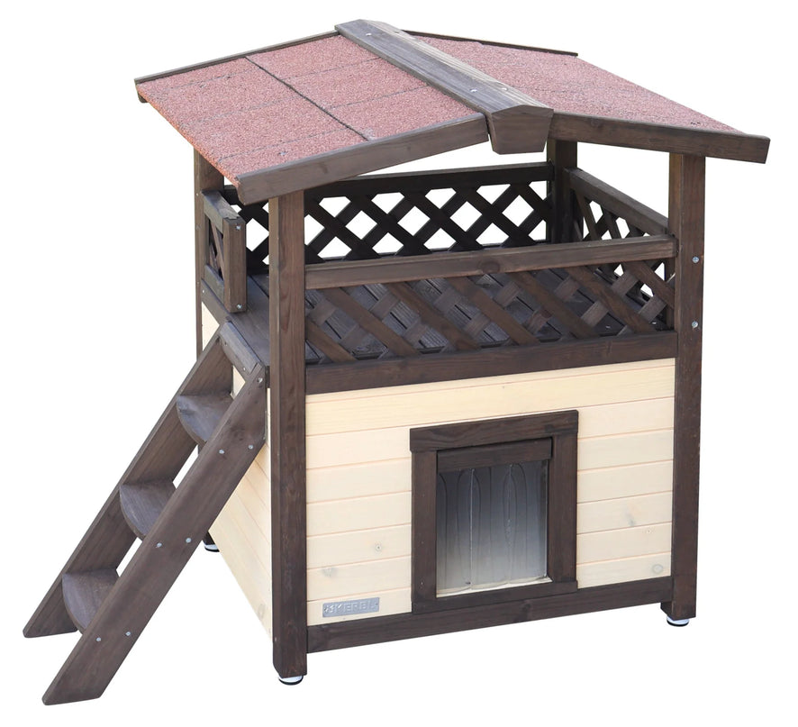 Refuge pour animaux à deux niveaux avec toit imperméable et terrasse