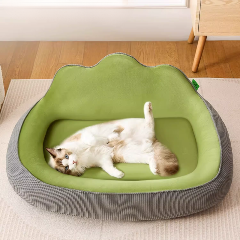 Lit Arrondi Douillet pour Chats - Vert et Gris