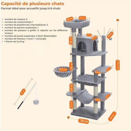 Arbre à chat haut multi-niveaux avec niches et hamacs intégrés