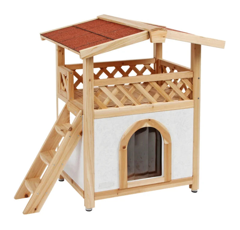 Maisonnette en Bois Élevée pour Chat avec Escalier et Toit Incliné